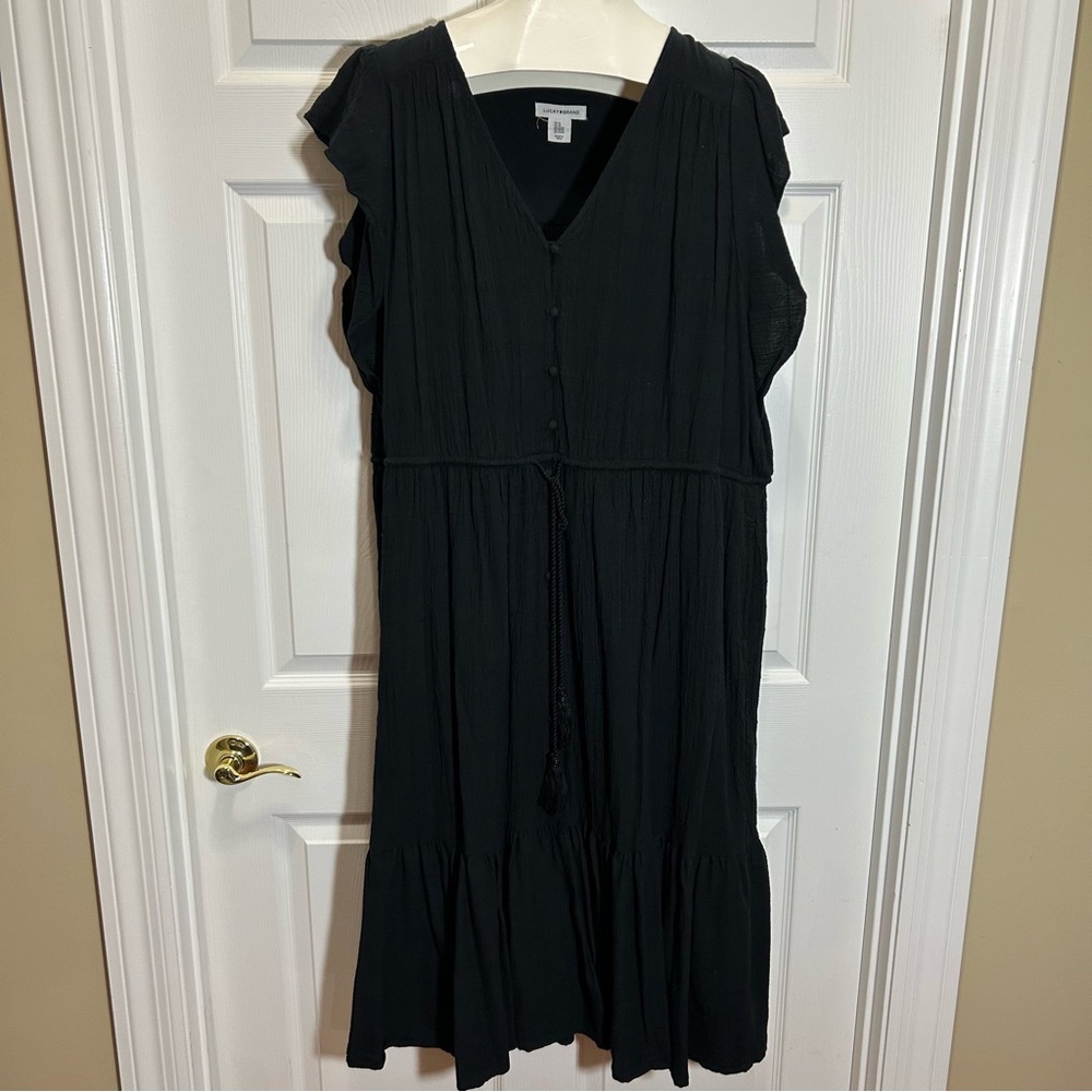 Lucky Brand Black V-Neck Flutter Sleeve Midi Dress